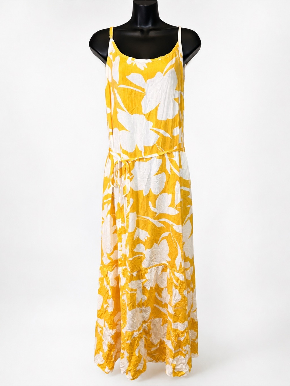 Harper + Zoe Plus 2X Yellow Floral Spaghetti Straps Maxi Dress Pockets Tie Belt
